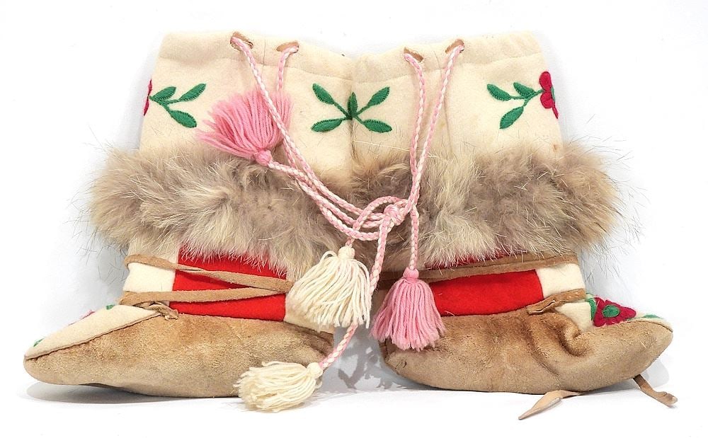 Pair of Fur Trimmed Tanned Hide Mukluks, 10"L. (1 of 4)