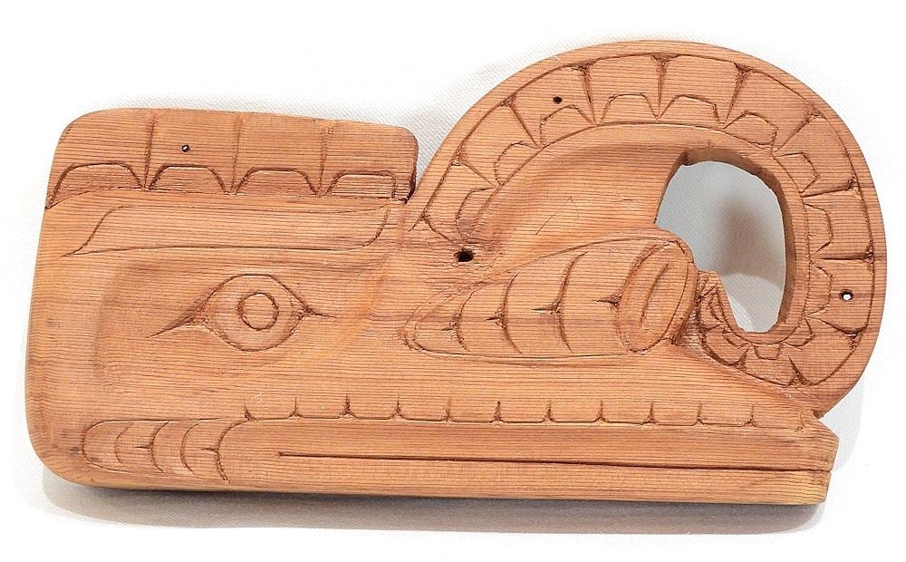 Bella Bella Panel Carving signed Larry Campbell, 10 1/4"h, "Crooked Beak".: Bella Bella Panel Carving signed Larry Campbell, 10 1/4"h, "Crooked Beak".