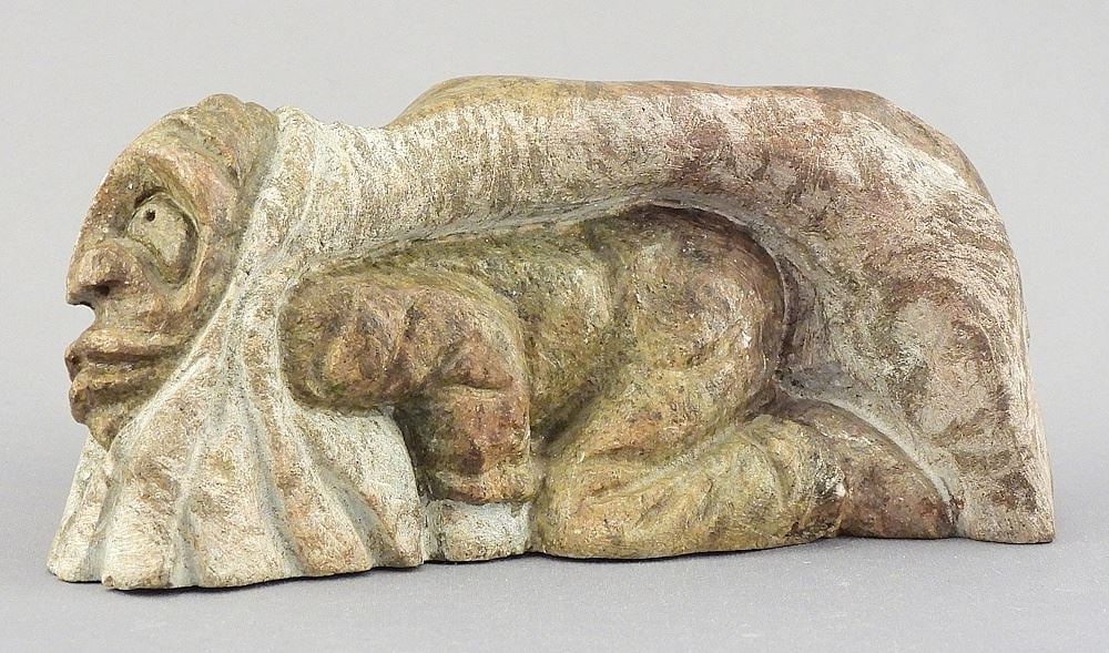 Ashinaabe Stone Carving signed Dell Warner, 5 1/8"L, "False Face & Bear" (1 of 4)