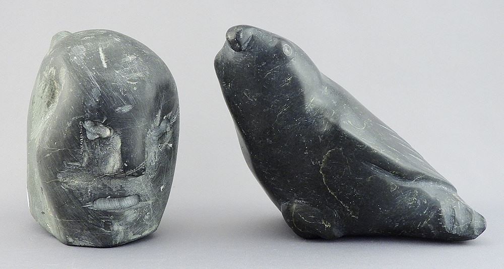 Two Inuit Stone Carvings: Head & Bird, 4 7/8"h (head signed w/ syllabics). (1 of 3)