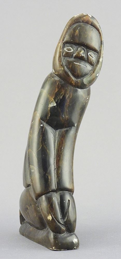 Inuit Sculpture by Levie Amidlak, 5 1/4"h "Man w/Hands on Knees" w/ Original Tag.: Inuit Sculpture by Levie Amidlak, 5 1/4"h "Man w/Hands on Knees" w/ Original Tag.