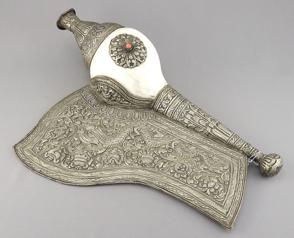 Tibetan White Metal Shell Trumpet, 13 5/8"L. (1 of 4)