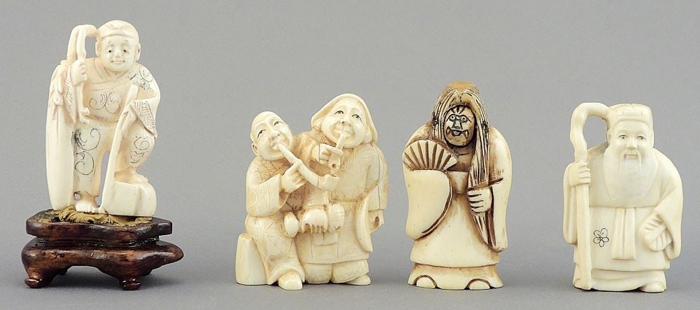 Four Japanese Netsuke: Figural Subjects/2 signed, 2 - 2 1/8"h, CDN BIDDERS ONLY. (1 of 3)