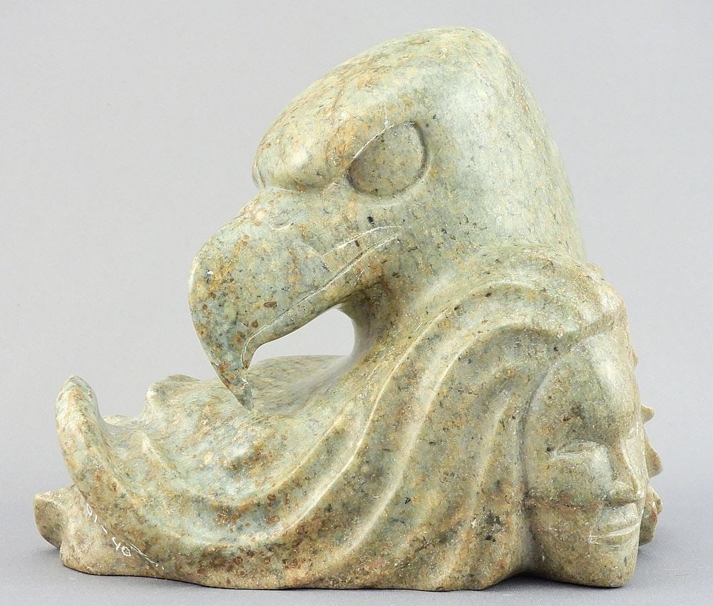Ashinaabe Stone Carving signed Leslie Hampton, 4 3/4"h "Eagle & Human".: Ashinaabe Stone Carving signed Leslie Hampton, 4 3/4"h "Eagle & Human".