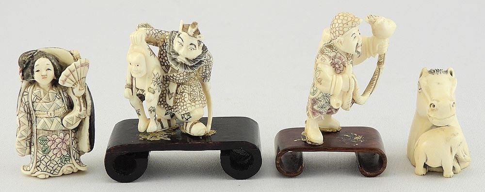 Four Japanese Netsuke: 3 Figural/1 Horse, 1 3/8 - 2 1/8"h, CANADIAN BIDDERS ONLY. (1 of 5)