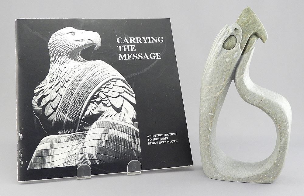 Iroquois Stone Sculpture signed Gene Thomas 1988, 8 1/8"h "Eagle Form" w/Booklet.: Iroquois Stone Sculpture signed Gene Thomas 1988, 8 1/8"h "Eagle Form" w/Booklet.