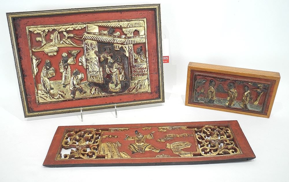 Three Chinese Gilt & Scarlet Lacquer Architectural Panels, Largest 10 7/8 x 15 3/8".: Three Chinese Gilt & Scarlet Lacquer Architectural Panels, Largest 10 7/8 x 15 3/8".