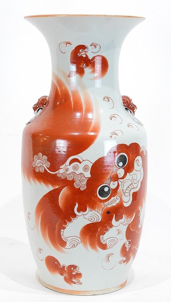Chinese Porcelain Vase w/Overglaze Iron Red Lion Dog, 17"h.: Chinese Porcelain Vase w/Overglaze Iron Red Lion Dog, 17"h.