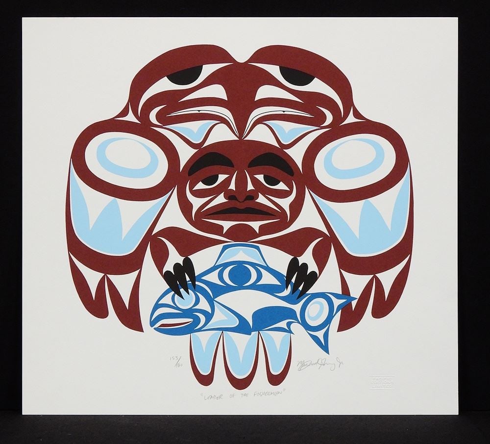 Coast Salish Serigraph signed Maynard Johnny Jr., 15 x 16 1/2", "Leader of The Fisherman. (1 of 3)