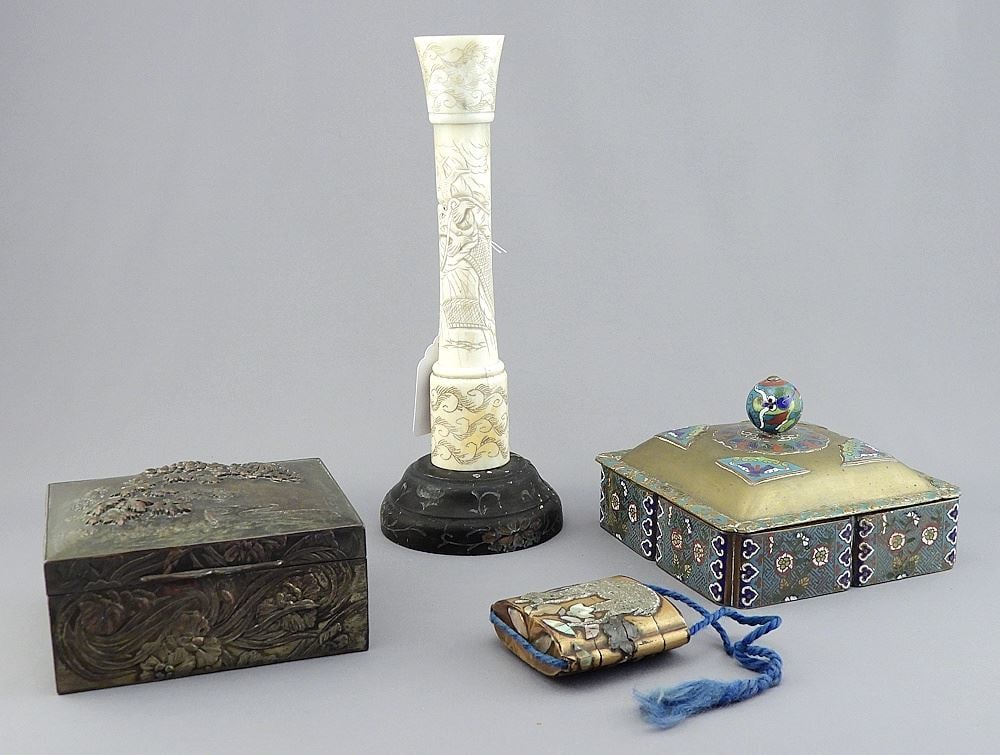 Collection of Chinese & Japanese Ornamental Wares: Boxes/Inro/Bone Stick, 2 1/8 - 9"h. (1 of 5)