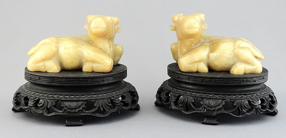 Pair of Chinese Hardstone Water Buffalo on Stands (horn chipped). (1 of 4)