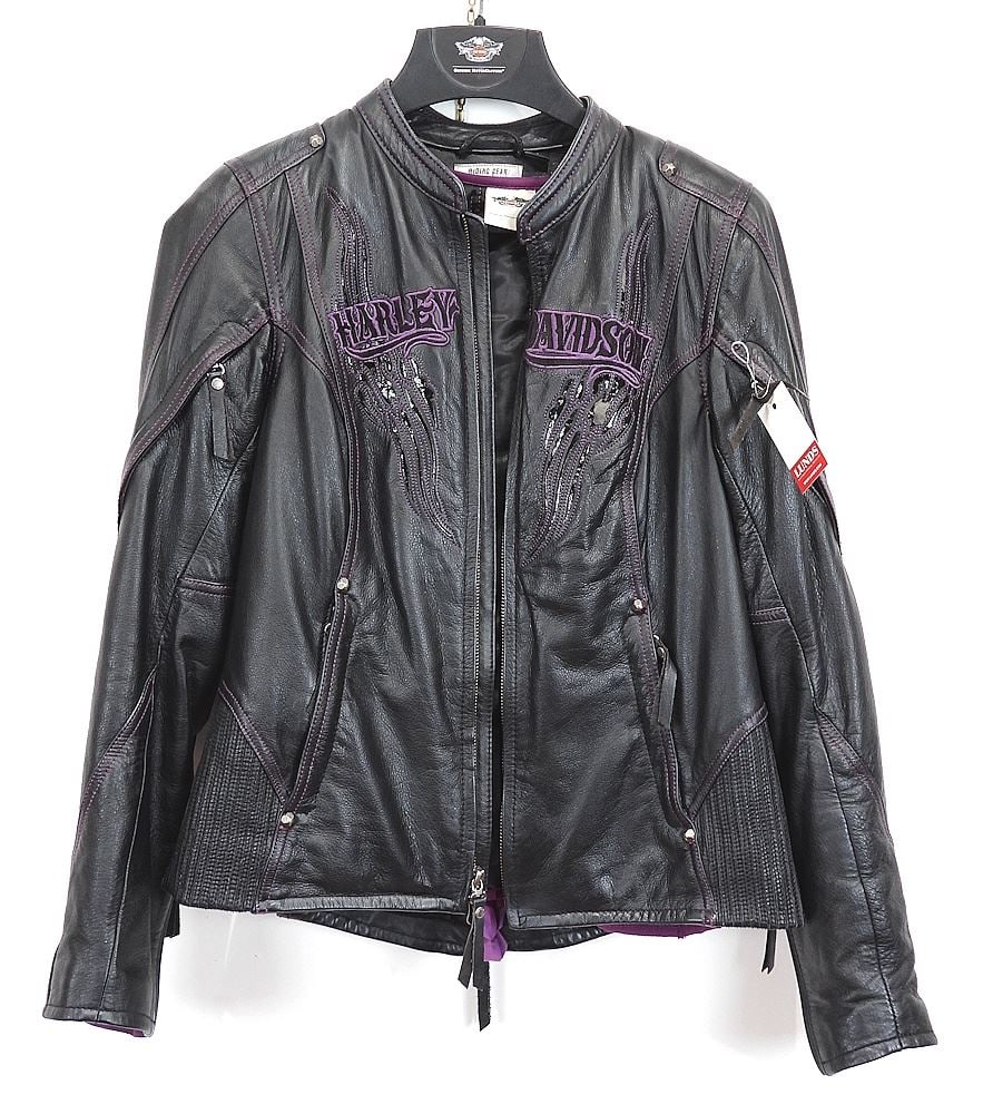 Ladies Harley Davidson Black Leather Jacket w/Purple Features, Small.: Ladies Harley Davidson Black Leather Jacket w/Purple Features, Small.