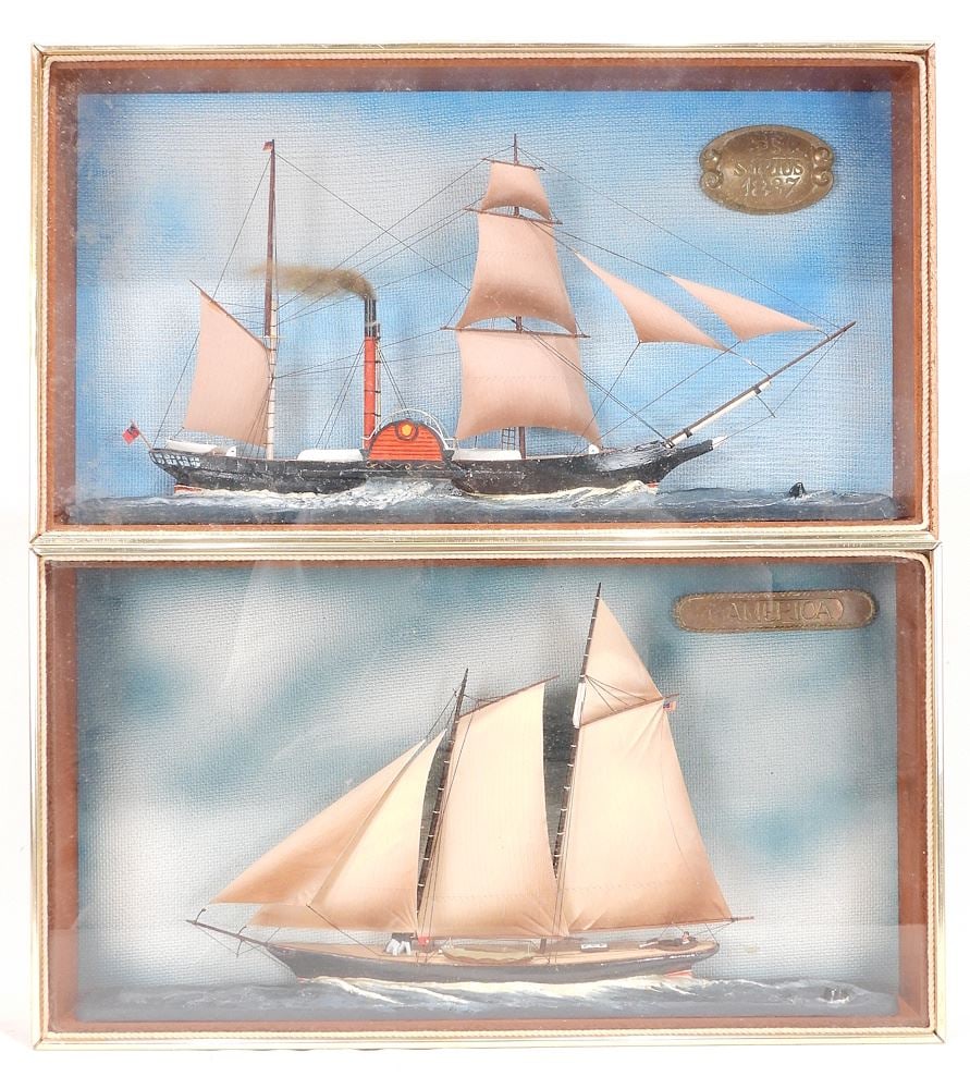 Two Ships Models: "PS Sirius 1837" & "America", framed, 9 3/4 x 17 3/4 x 2 3/4" (1 molding missin (1 of 2)