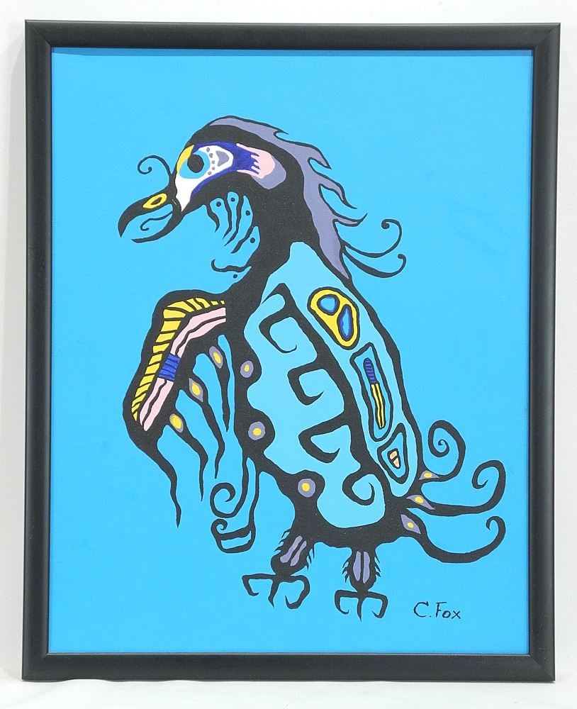 Acrylic on Canvas signed C. Fox, 19 1/2 x 15", "Thunderbird". (1 of 3)