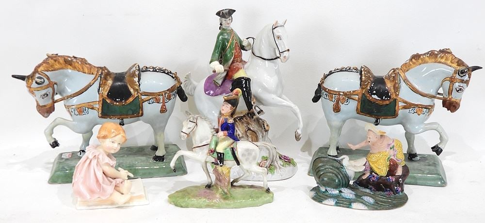 Six Porcelain Figures; Horses & Riders, Child & Asian, Tallest 8 1/2 ". (1 of 5)