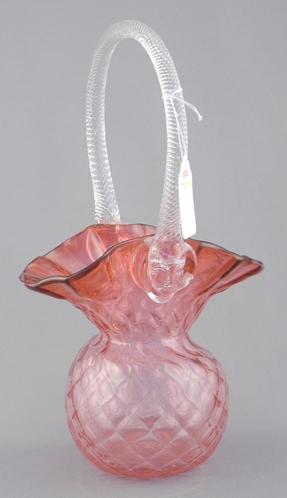 Chalet Glass "Face Prunt" Cranberry Glass Basket, 11"h. (1 of 3)