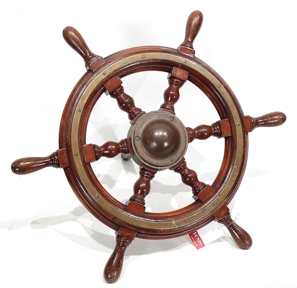 Mahogany & Brass Ship's Wheel, 24" Diameter (mounted on shaft). (1 of 4)