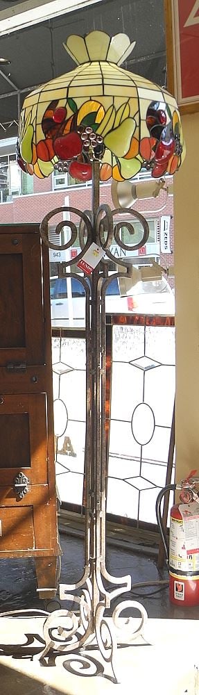 Leaded Glass Lamp Shade (damaged) on Wrought Metal Base, 61"h.: Leaded Glass Lamp Shade (damaged) on Wrought Metal Base, 61"h.