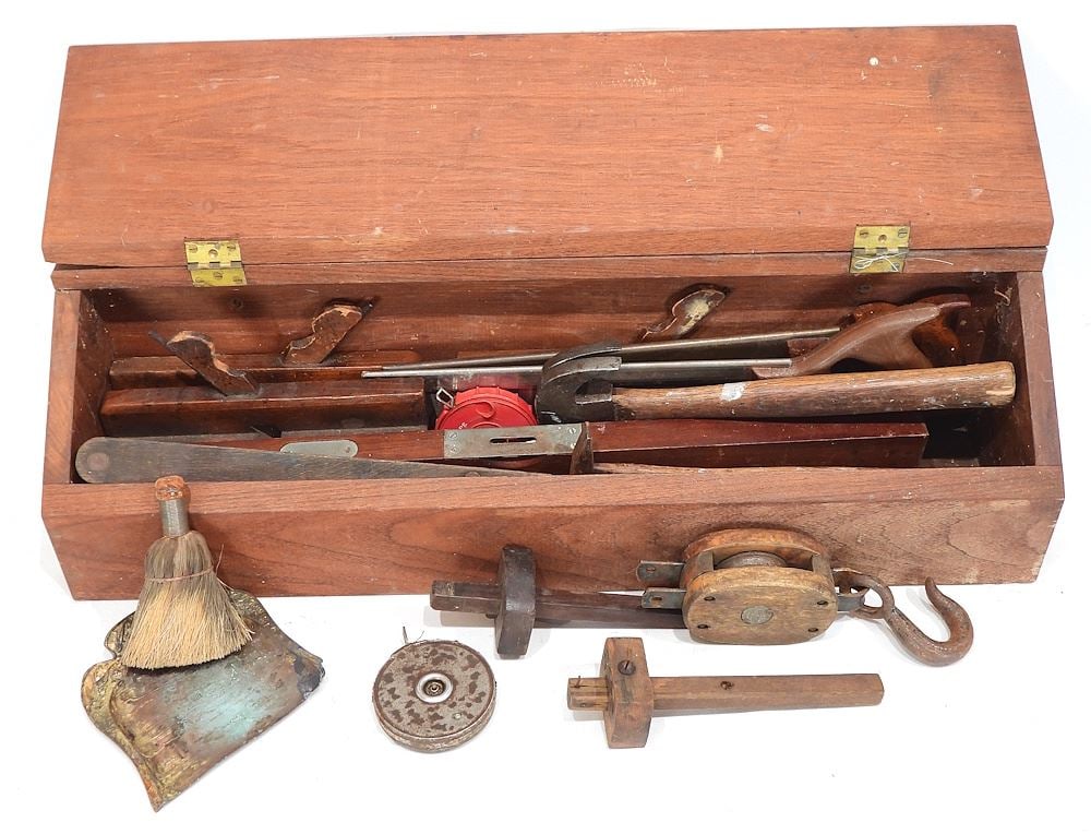 Slope Top Mahogany Tool Chest (28"L) & Collection of Tools. (1 of 3)