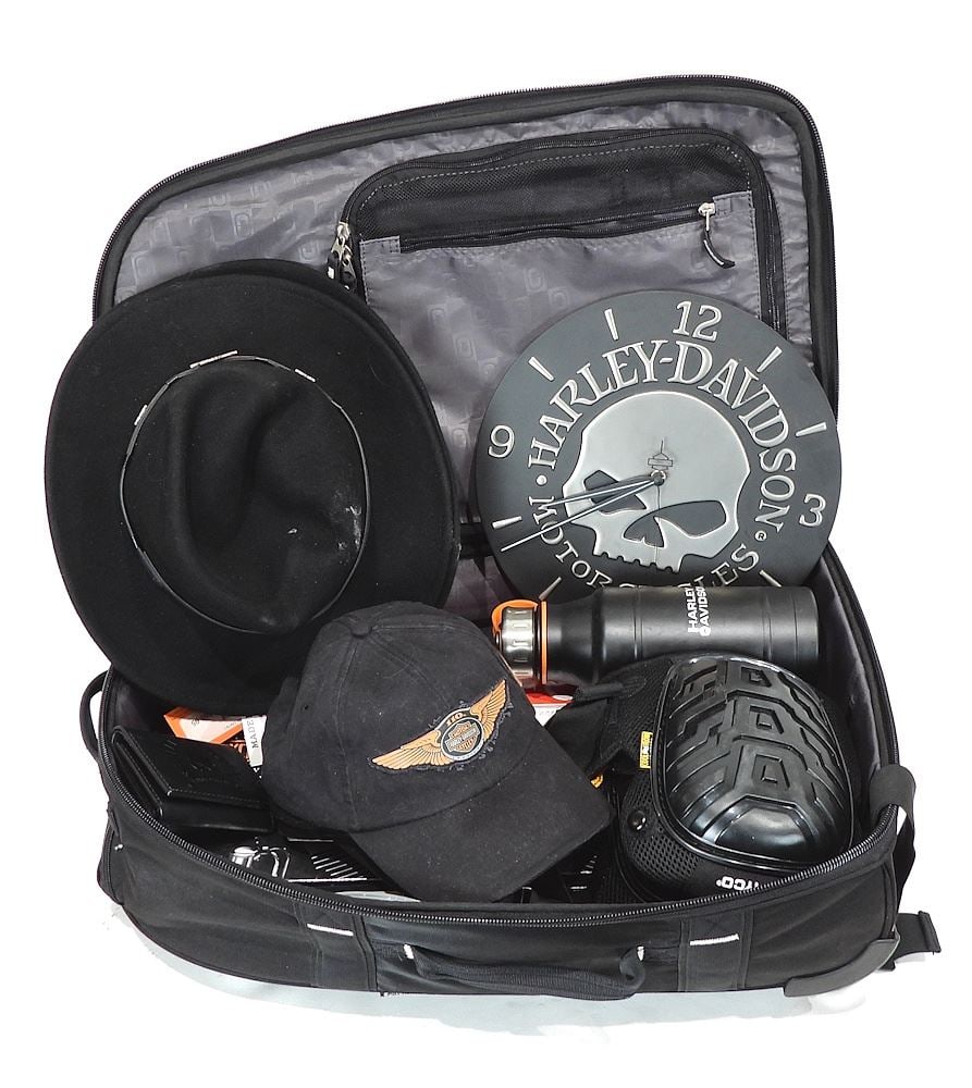 Collection of Harley Davidson Items: Bag/Monopoly/Wallet/Zippo/Ball Caps. (1 of 4)