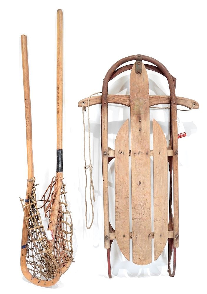 Vintage Sled & Two Lacrosse Sticks, 37 - 45 1/2"L. (1 of 4)