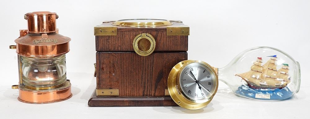 Oak "Compass" Box w/Model Ship/ Copper Lamp/Brass Clock, Box 7 x 9 1/4 x 9 1/4". (1 of 4)
