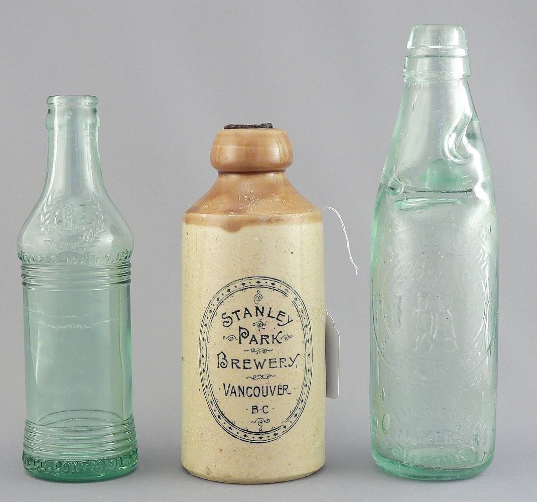 Stanley Park Brewery Stoneware Ginger Beer Bottle (7"h) & Two Vintage Glass. (1 of 2)