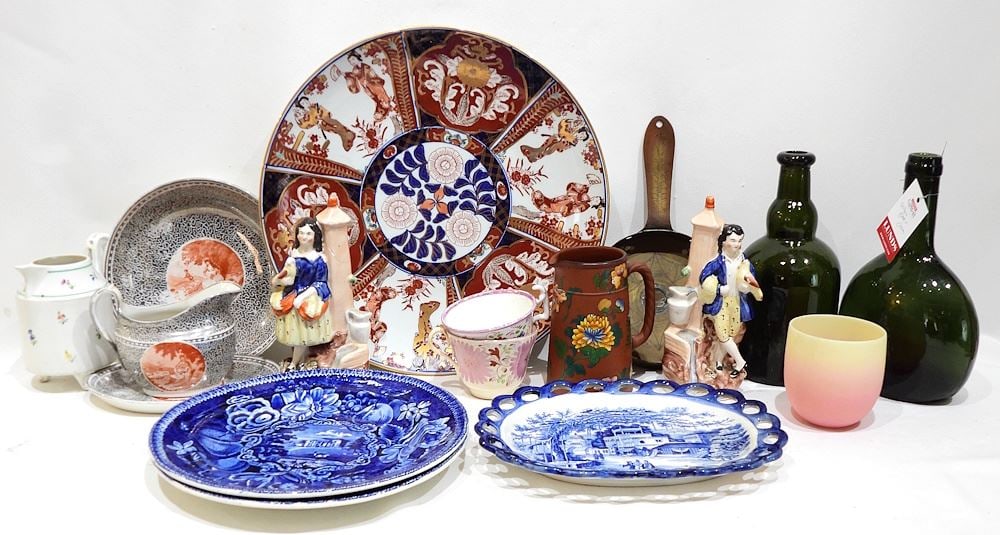 Collection of Antique China & Bottles Incl. Burmese Glass Fairy Light (all as found). (1 of 2)