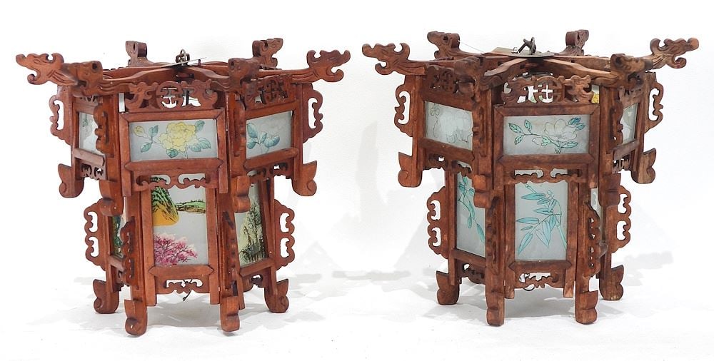 Pair of Chinese Glass Panel Lanterns , 8 3/8 x 10 1/4 x 10 1/4" (looseness noted). (1 of 3)