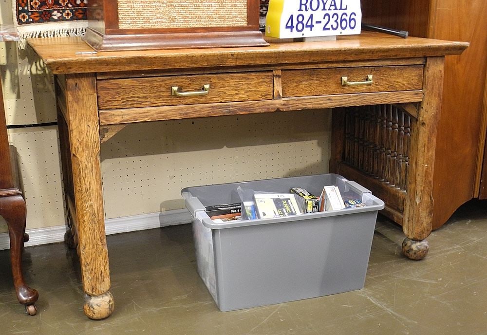 Late 19th C. Oak Spindle Library Table (48"L) w/H. Krug Oak Steno Chair (both as found). (1 of 2)