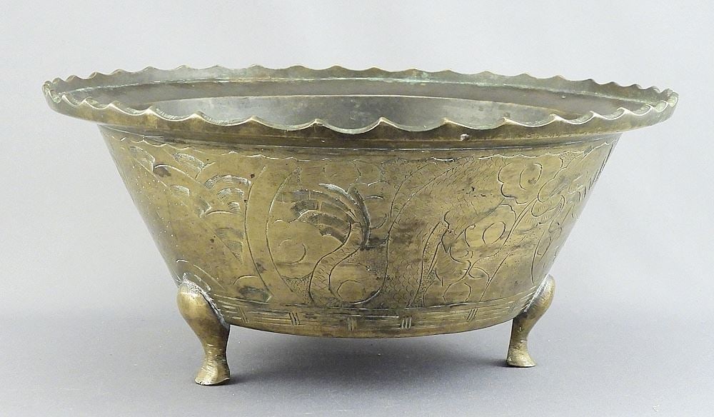 Chinese Brass Censer, 4 3/8 x 9 3/4" Diameter. (1 of 3)