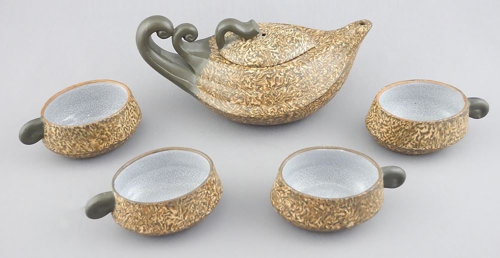 Glazed Yixing Ware Tea Set, Pot 6 3/8"L (1 cup repaired). (1 of 7)