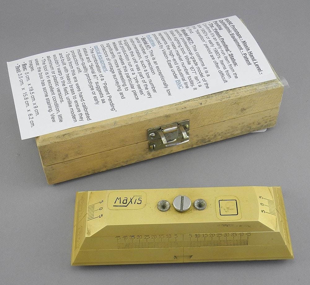 Prototype Ophthalmic Maxis Hand Level, (6 1/4"L) Model #677, Serial #7 w/Case. (1 of 3)