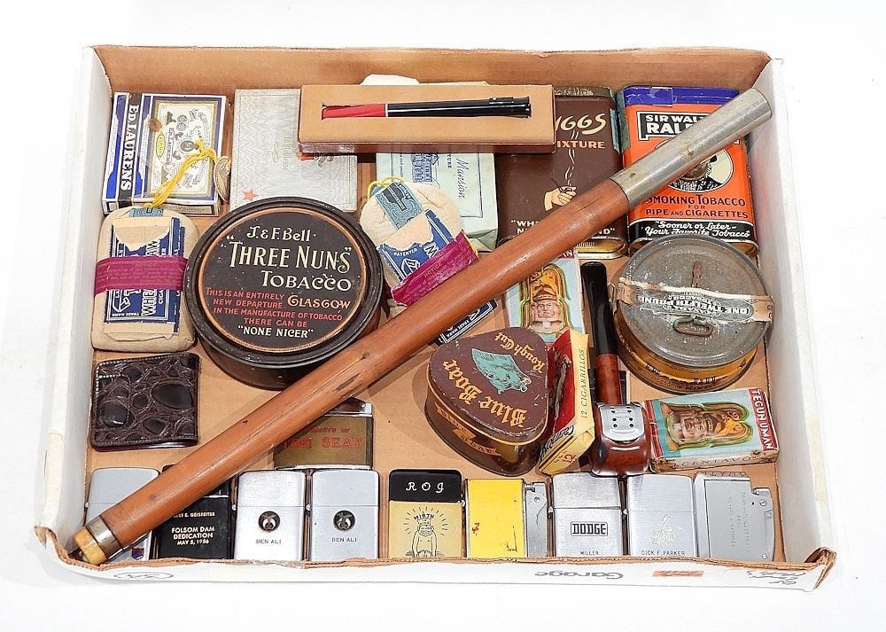 Collection of Smoking Sundries: Vintage Tobacco/Zippos/Opium Pipe/ Sundries. (1 of 2)