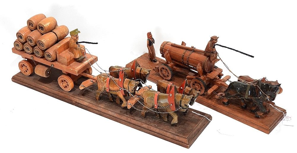 Two Vintage Folk Art Hand Carved Horse Drawn Wagons, 23 1/2 & 19 3/4" L. (1 of 3)