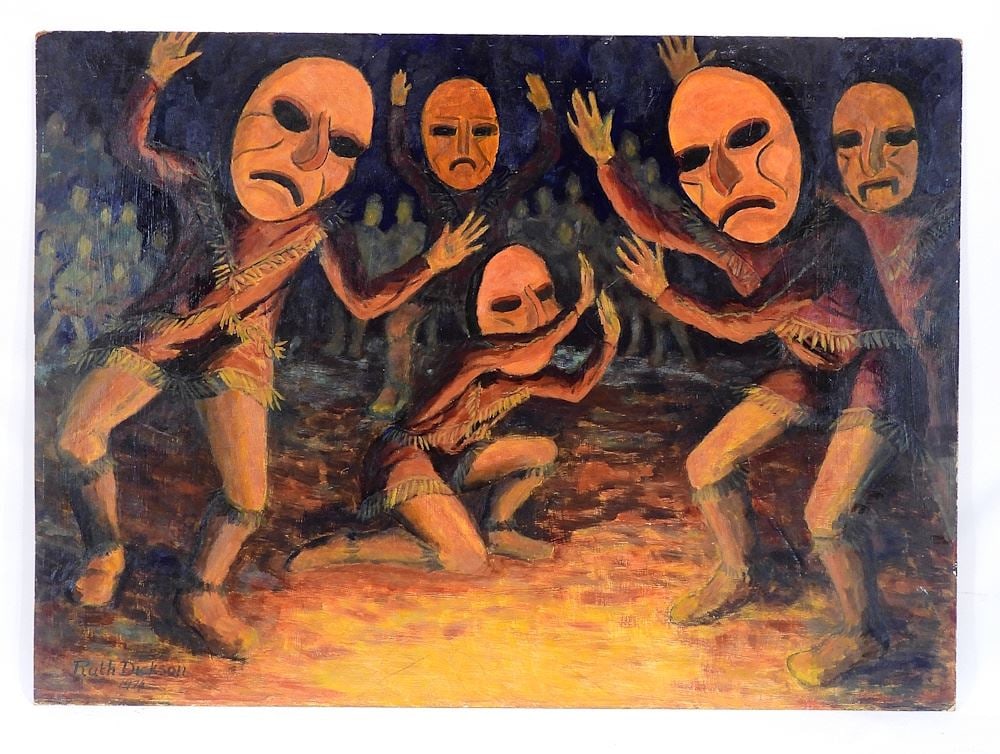 Oil on Board signed Ruth Dickson 1974, 26 x 36", "Mask Dance". (1 of 4)