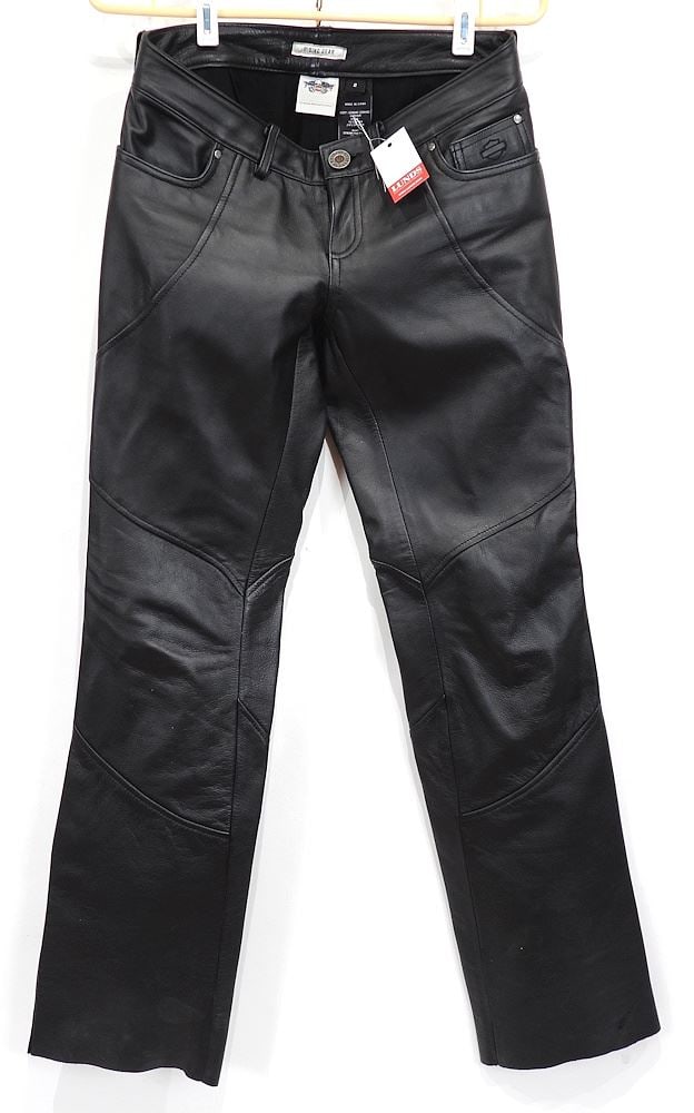 Pair of Ladies Harley Davidson Black Leather Riding Pants, Size 2. (1 of 3)