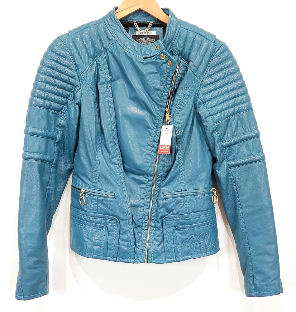 Harley Davidson Ladies Turquoise Leather Motorcycle Jacket, Size S. (1 of 5)