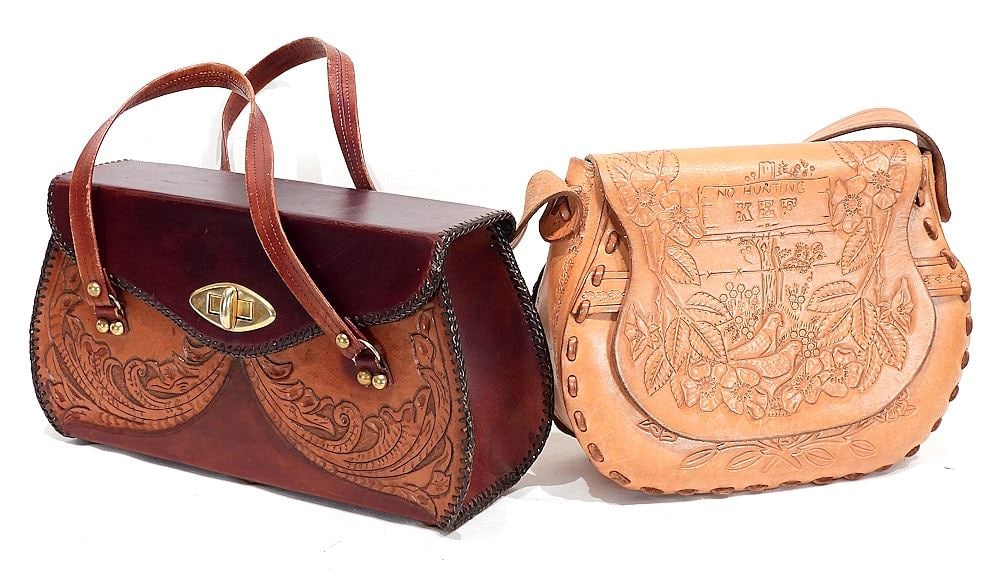 Two Tooled Leather Handbags, 14 1/2 & 12"L. (1 of 3)