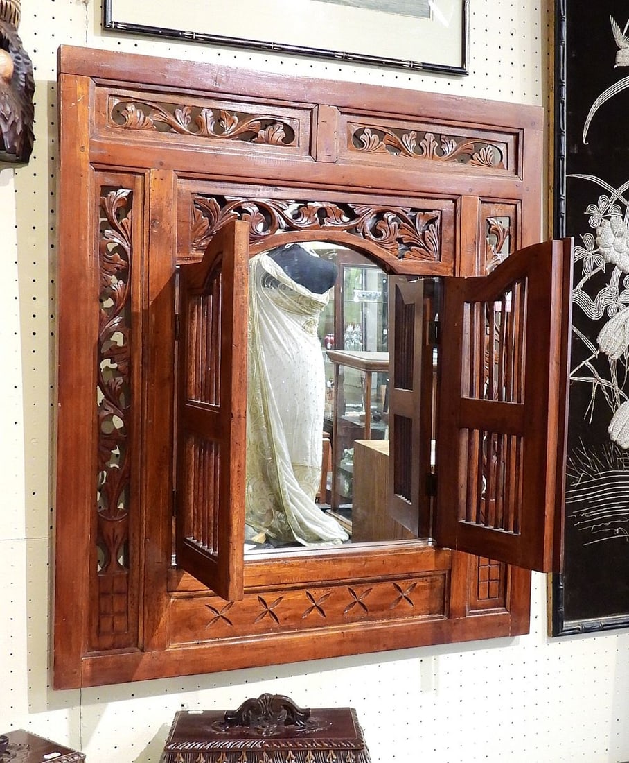Indonesian Mirror w/Spindle Work Doors, 35 3/8 x 31 1/2". (1 of 2)
