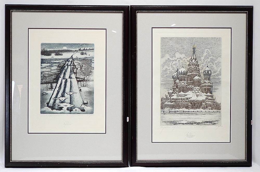 Two Etchings signed in Cyrillic, Larger 20 3/8 x 14", "St. Basils" & "Farmland". (1 of 5)