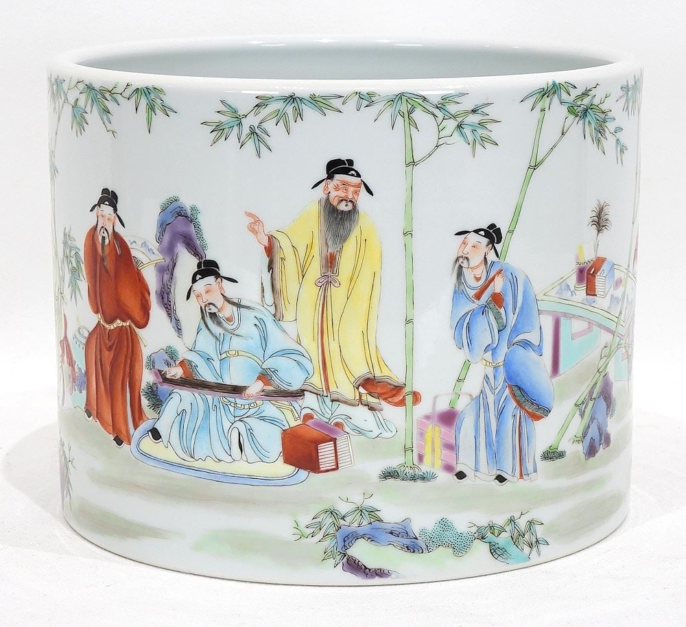 Chinese Famille Rose Porcelain "Meeting of The Scholars" Brush Pot, 5 7/8"h. (1 of 4)