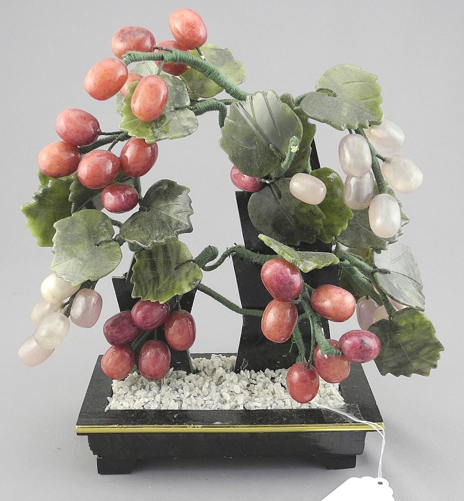 Chinese Jade & Gemstone Grapevines in Black Stone Planter, 9 7/8"h. (1 of 2)