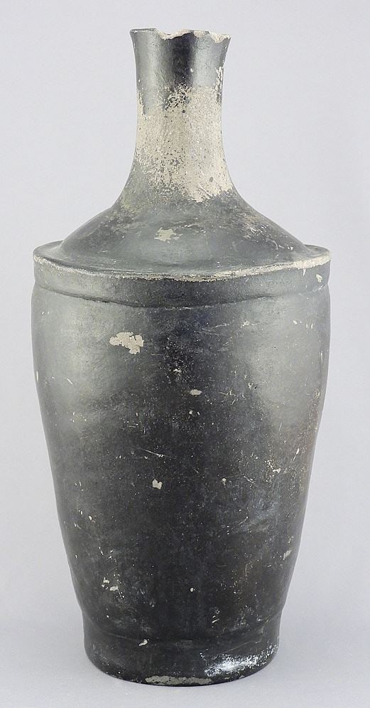 Antique Black Glazed Earthenware Vase, 13"h (as found). (1 of 3)