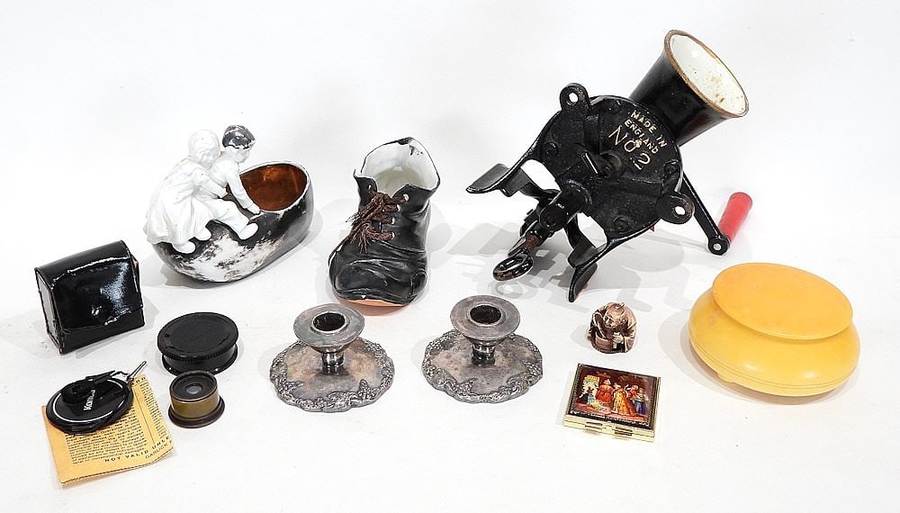 Collection of Estate Sundries: China Shoes/Plated Sticks/Resin Figurine/ Russian Compact. (1 of 1)