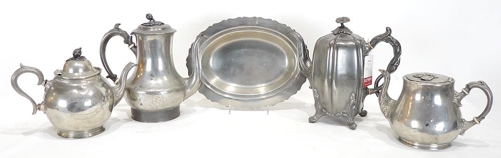 Five 19th C. Pewter Tea Pots & Oval Dish, 1 1/2 - 9 1/4"h. (1 of 2)