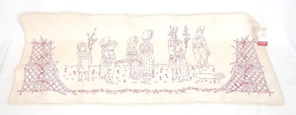 Kate Greenaway Style Embroidery Panel Attributed to Sylvia Holland, 17 1/2 x 40 1/2". (1 of 3)