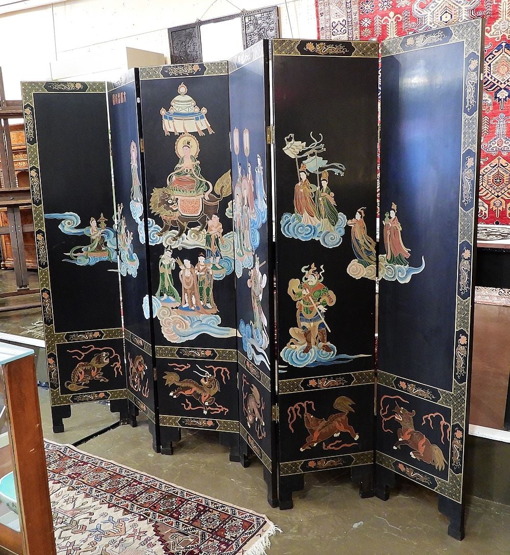 Six Panel Chinese Black Lacquer Screen/Room Divider, Each Panel 16 x 72 x 1". (1 of 3)