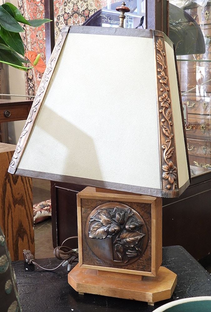 Pair of Albert Gilles Oak & Copper Table Lamps, TH 24 1/2"h. (1 of 2)