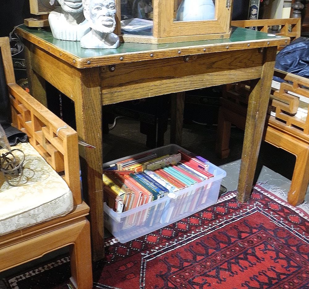 Vintage Oak Table w/Arborite Top, 34 1/4"L.: Vintage Oak Table w/Arborite Top, 34 1/4"L.